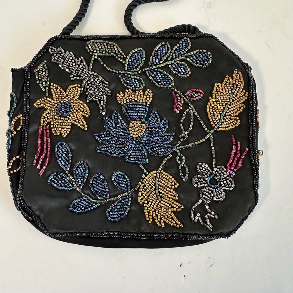 Vintage Inspired Beaded Floral Evening‎ Shoulder Bag Purse Black Satin